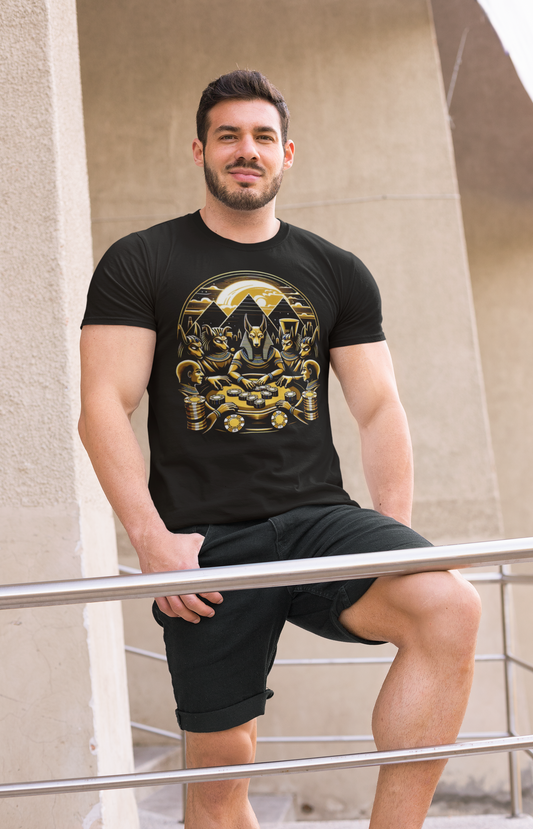Egyptian Goker Gawd Unisex Short Sleeve Tee for luck, poker players and gamblers. Anubis