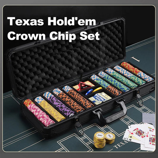 500 Chips Texas Poker Set Mat Texas Holdem Poker Multiplayer Set Rubber Cushion Clay Chip Aviation Aluminum Box 8-10 People
