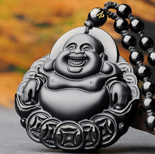 Natural Obsidian Money Buddha Pendant Necklace China Hand Carved Fashion Jewelry Accessories Gifts for Men and Women Wholesale