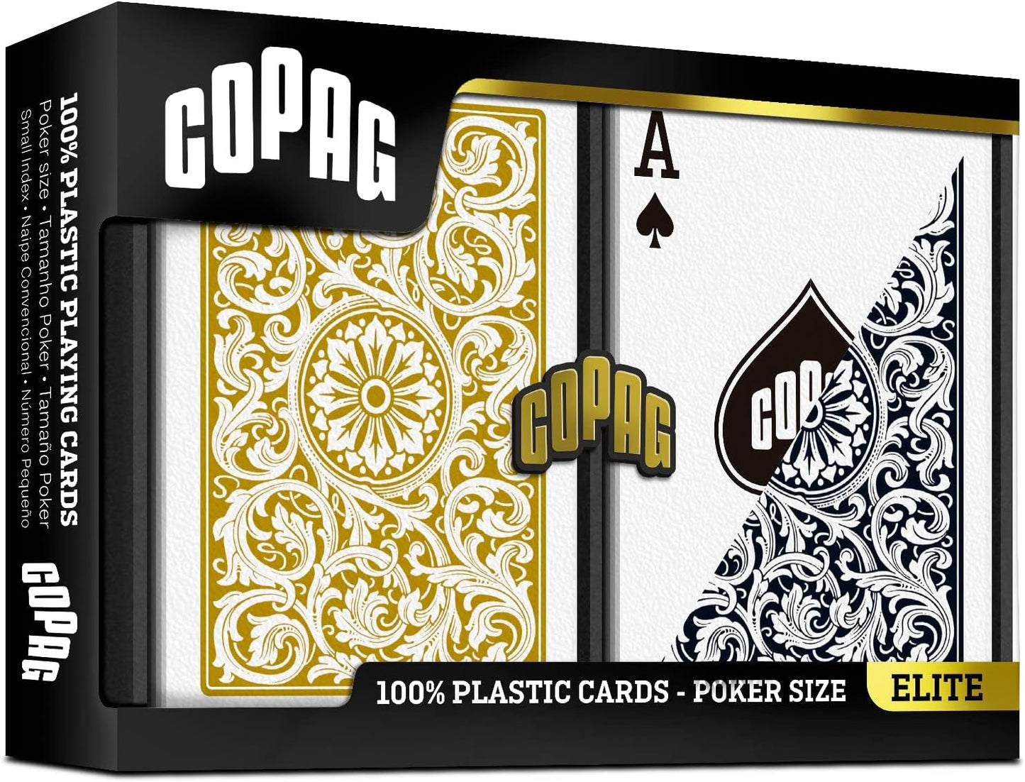 Copag Casino Quality 100% Plastic Playing Cards, Poker Size (Standard) Black/Gold (Regular Index, 1 Set)